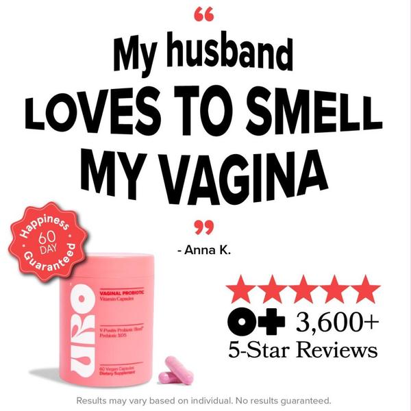 A square ad creative featuring a provocative, large-font customer testimonial for a vaginal probiotic supplement, paired with a product shot and review count.